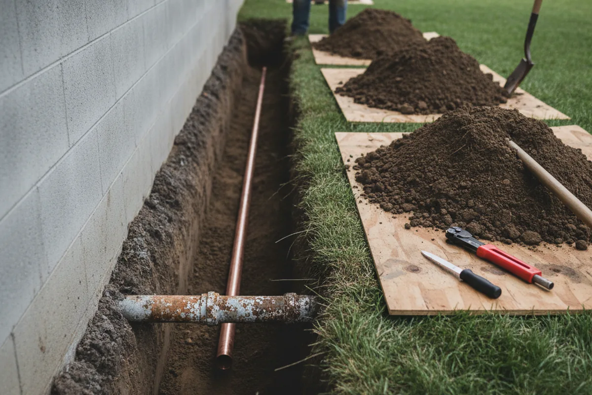 Excavated water line trench during Water Softener Installation in Williamson